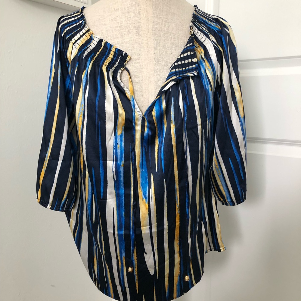 Cache Navy Blue and Yellow Silk Blend Boho Blouse